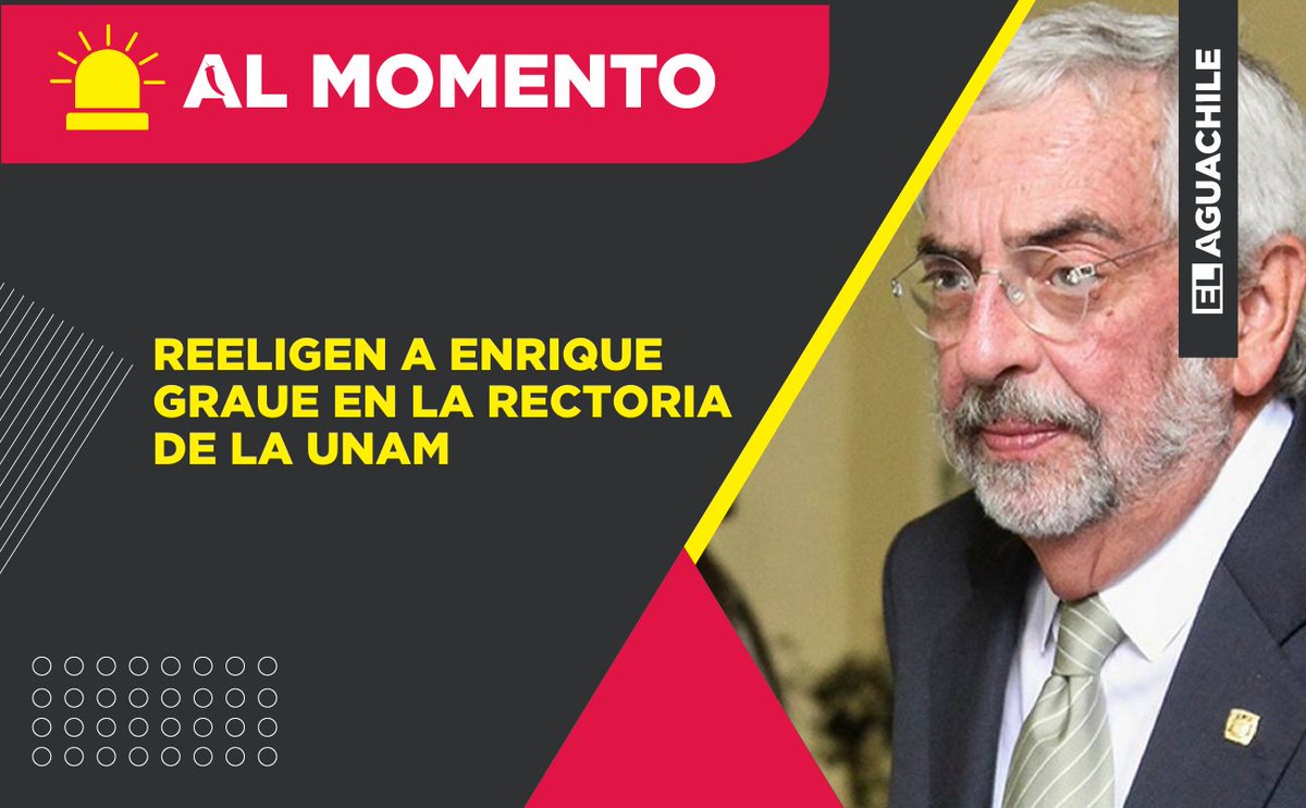 elaguachile_mex's tweet photo. 🔴#AlMomento
La #UNAM anunció el resultado de su proceso de elección para el cargo de Rector de la Máxima Casa de Estudios de México, por el que Enrique Graue fue reelegido para el periodo 2019-2023.

#ÚltimaHora #LoÚltimo #PorSiTeLoPerdiste https://t.co/RCSQyj4Exj