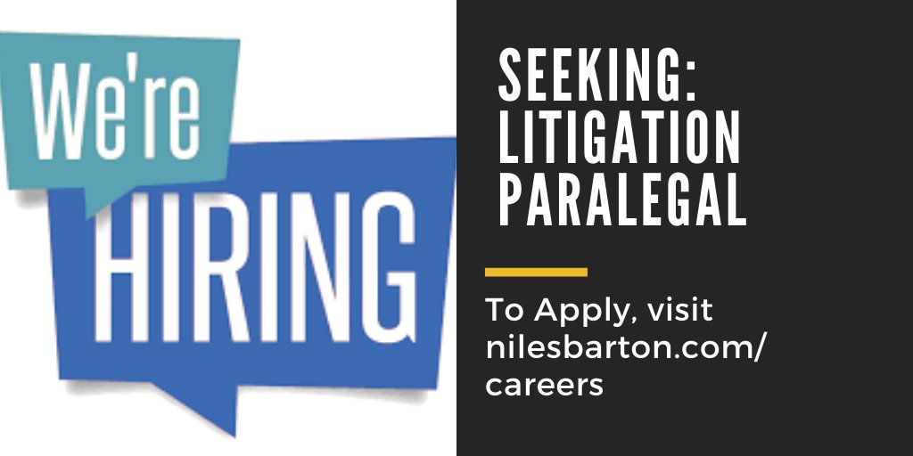 nilesbartonlaw's tweet photo. Niles, Barton &amp; Wilmer, LLP seeks an experienced full-time litigation paralegal with at least 3 years’ experience to join our Litigation practice. To apply, visit https://t.co/CRW8eCqPN0 @nilesbartonlaw https://t.co/K5Fb3JJ2h3