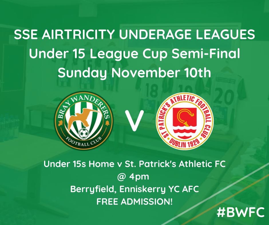 St Josephs AFC Sallynoggin (@stjosephsafc53) on Twitter photo โฝ๏ธ A big match on Sunday for our Under 15 Academy side as they face <a href="/stpatsfc/">St Patrick's Athletic FC</a> in the @SSEAirtricityLg Underage League Cup Semi-Final!
Admission is FREE so make sure you're there to cheer them on!
#BWFC โฝ๏ธ A big match on Sunday for our Under 15 Academy side as they face <a href="/stpatsfc/">St Patrick's Athletic FC</a> in the @SSEAirtricityLg Underage League Cup Semi-Final!
Admission is FREE so make sure you're there to cheer them on!
#BWFC