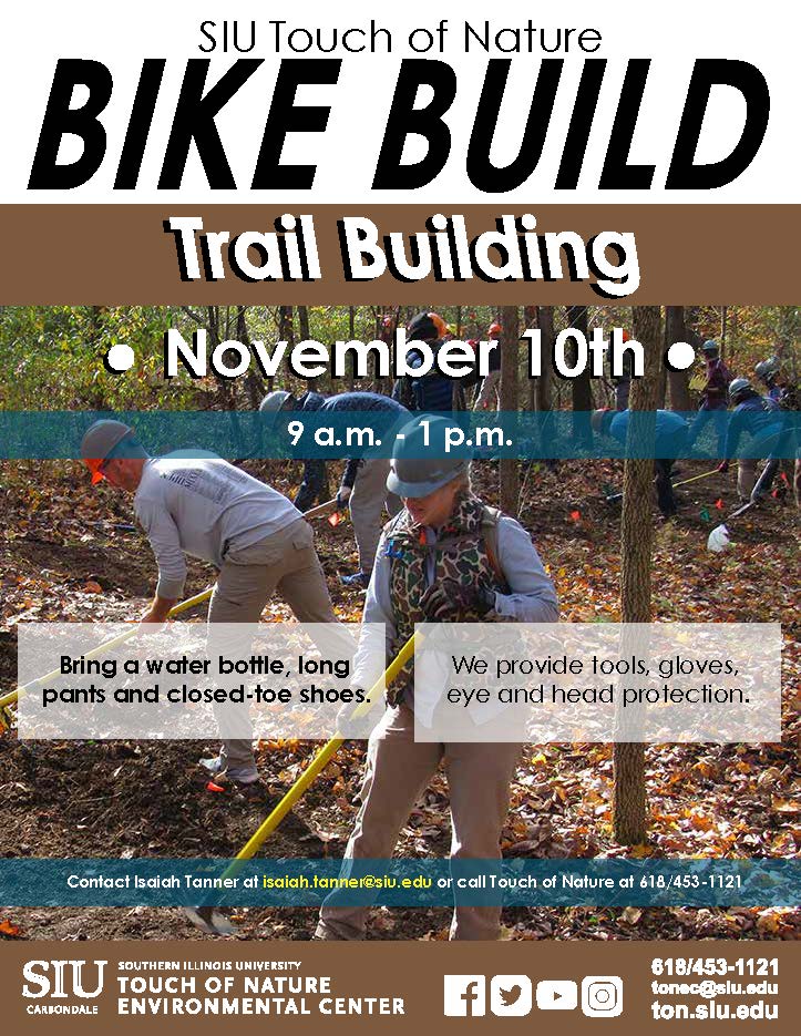 Play a vital role in building one of the premier biking and multi-purpose trails in the Midwest. @SIUC's @TouchofNature1 is hosting a Bike Build/Trail Building day 9a-1p Nov10. Final build of the year. #ThatsASaluki #Biking