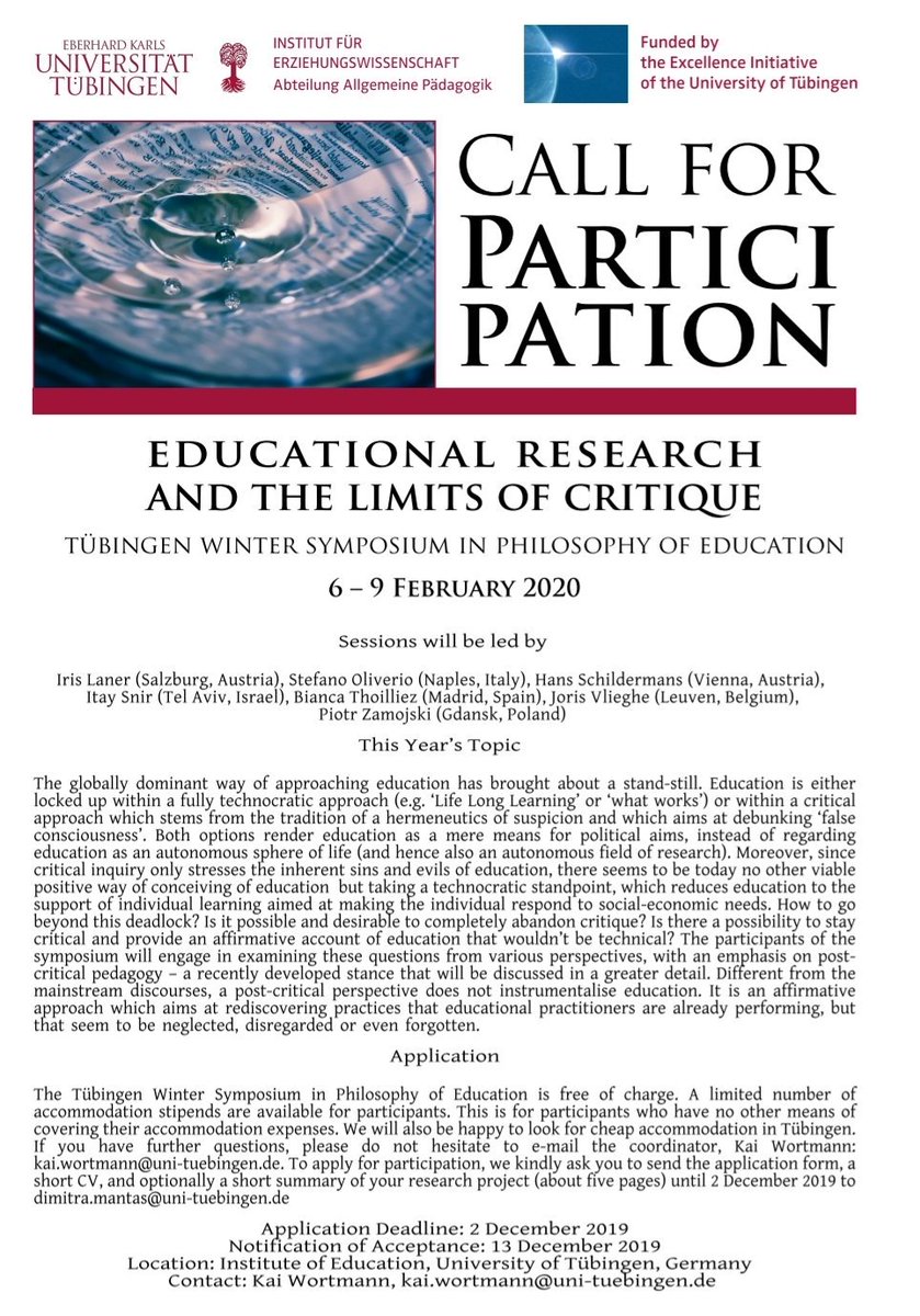 EDUCATIONAL RESEARCH AND THE LIMITS OF CRITIQUE

#callforparticipation at @uni_tue February 6-9, 2020

Tübingen Winter Symposium in Philosophy of Education