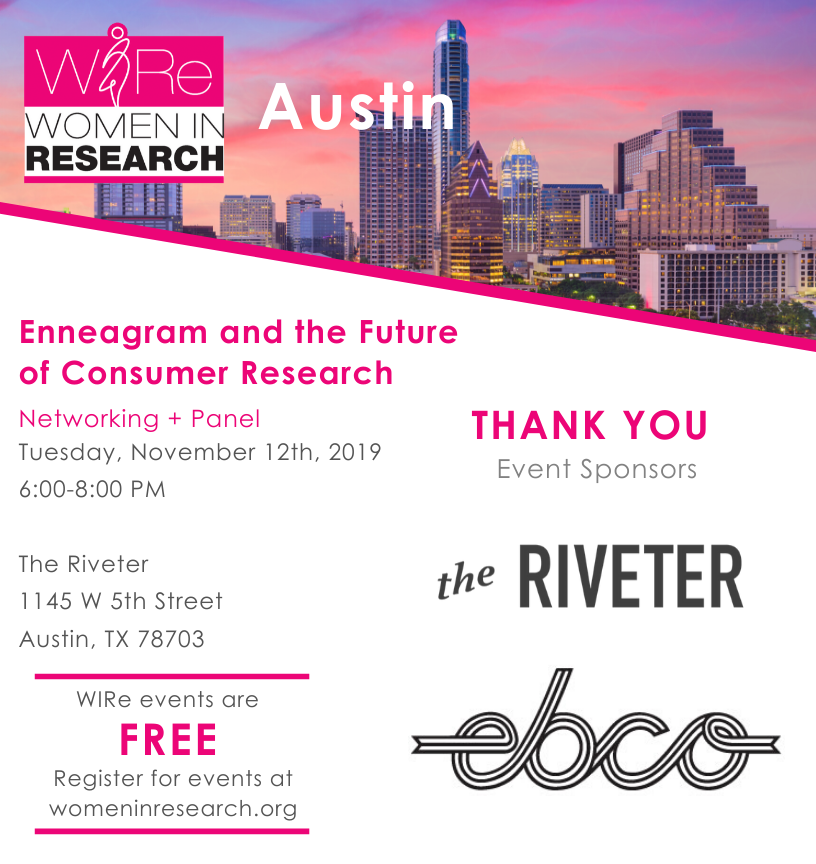 There's still time! Join us next week in Austin for networking + panel event "Enneagram and the Future of Consumer Research," register at bit.ly/WIReATX. A BIG thank you to <a href="/theriveterco/">The Riveter</a> and <a href="/EbcoTrends/">Ebco</a> for supporting this event! 

#MRX #marketresearch #womeninresearch
