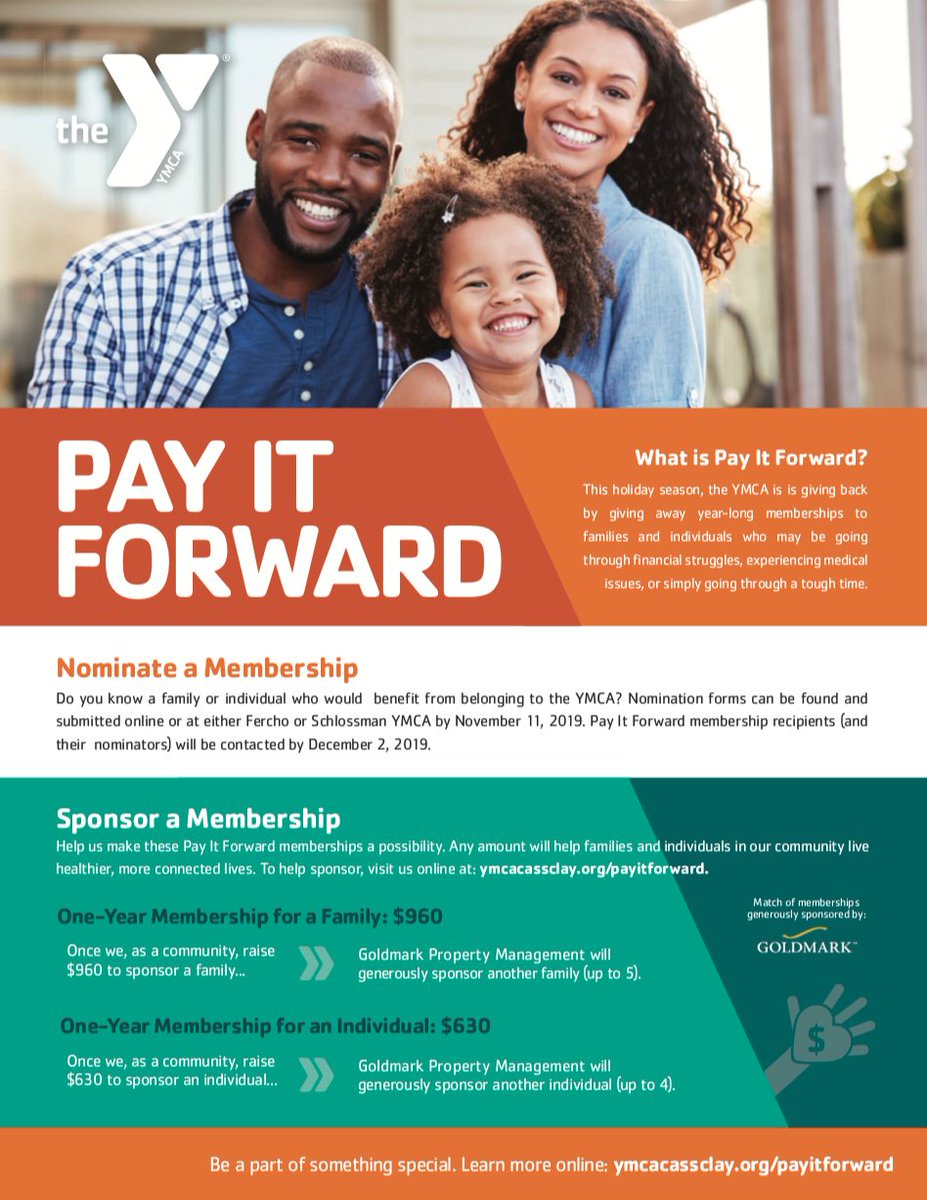 ymcanorthernsky's tweet photo. It's not too late to get involved with Pay it Forward!

The Y is giving away memberships to those who may be experiencing financial struggles, medical issues, or just having a tough time.

Through November 11, nominate or help sponsor the campaign online: https://t.co/hu0mCnuzFe https://t.co/8HAMVSEHbv