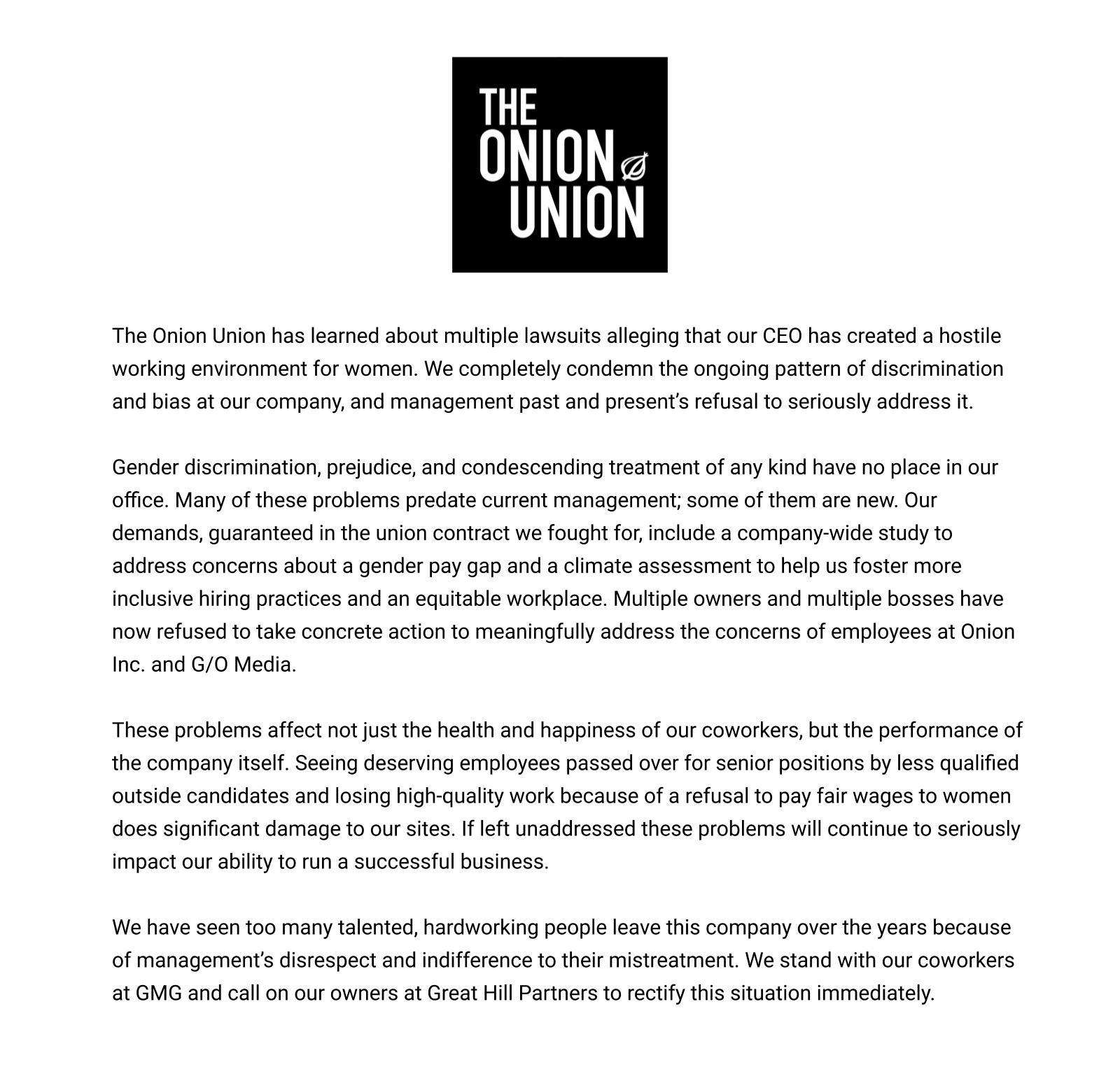 Onion Inc. Ratify First Union Contract at G/O Media