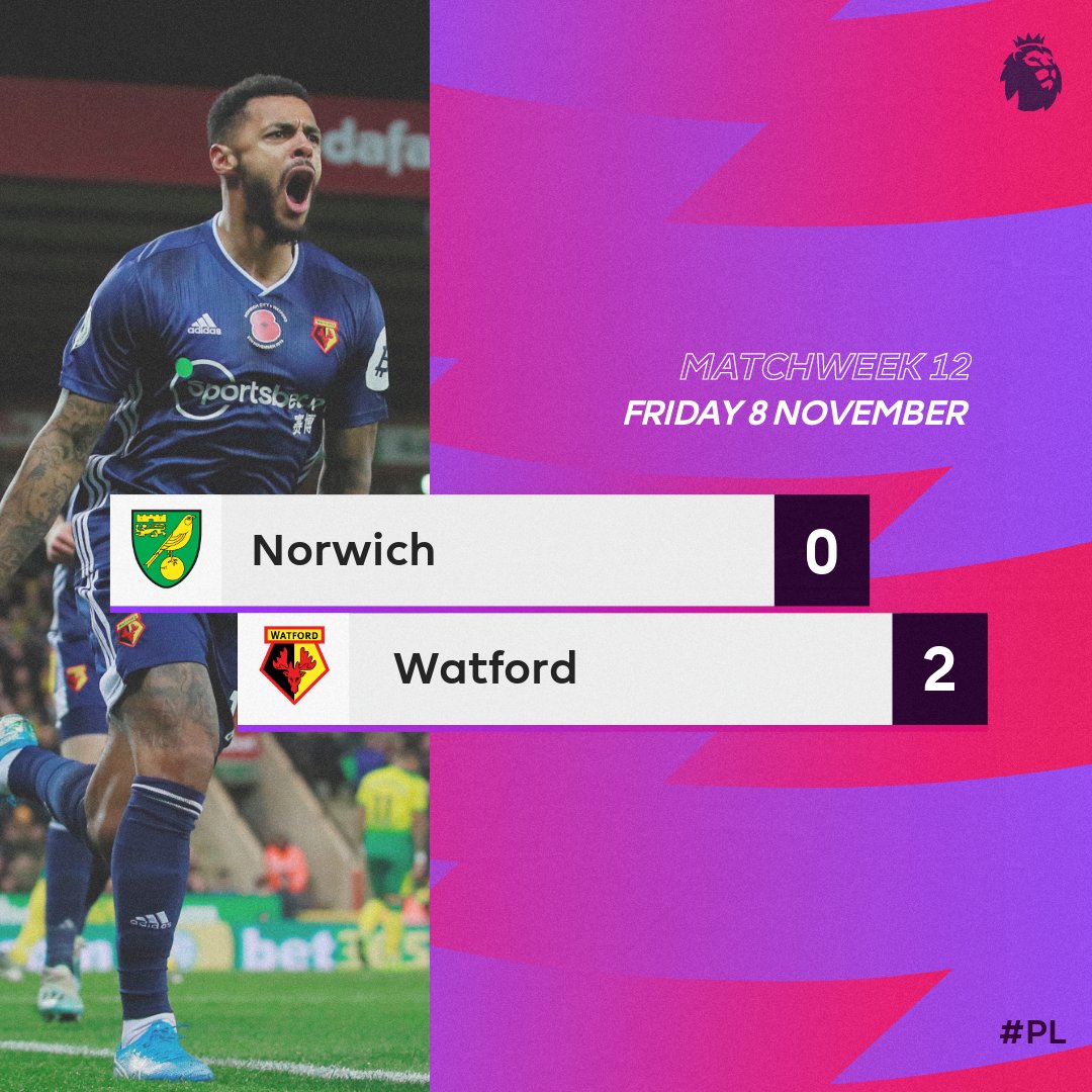 Premier League (@premierleague) on Twitter photo 2019-11-08 21:55:05 Ten-man Watford earn their first #PL win of the season #NORWAT Ten-man Watford earn their first #PL win of the season #NORWAT