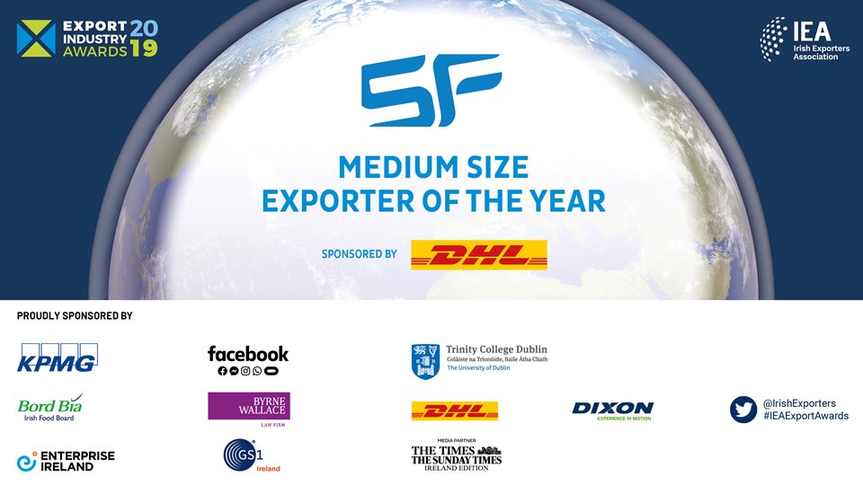 IrishExporters's tweet image. 🏆Congratulations to @SF_Eng on being crowned the 2019 Medium Size Exporter of the Year sponsored by @DGF_IE
#IEAExportAwards #MediumSize