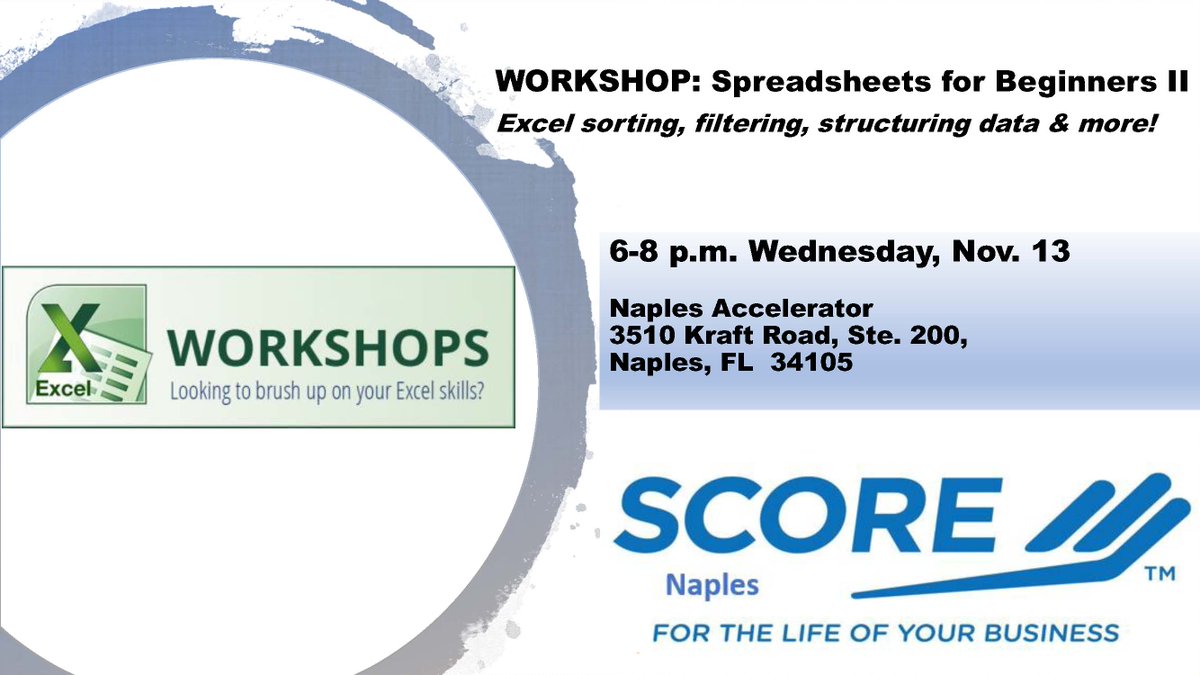 CollierEDO's tweet image. Don't miss Part II of @NaplesSCORE's interactive
 #ExcelSpreadsheet workshop at @NaplesAcceler8, where an expert will walk you through structuring, sorting & #FilteringData, #ConditionalFormatting, intermediate formulas & multiple sheets. 
REGISTER: events.r20.constantcontact.com/register/event…
