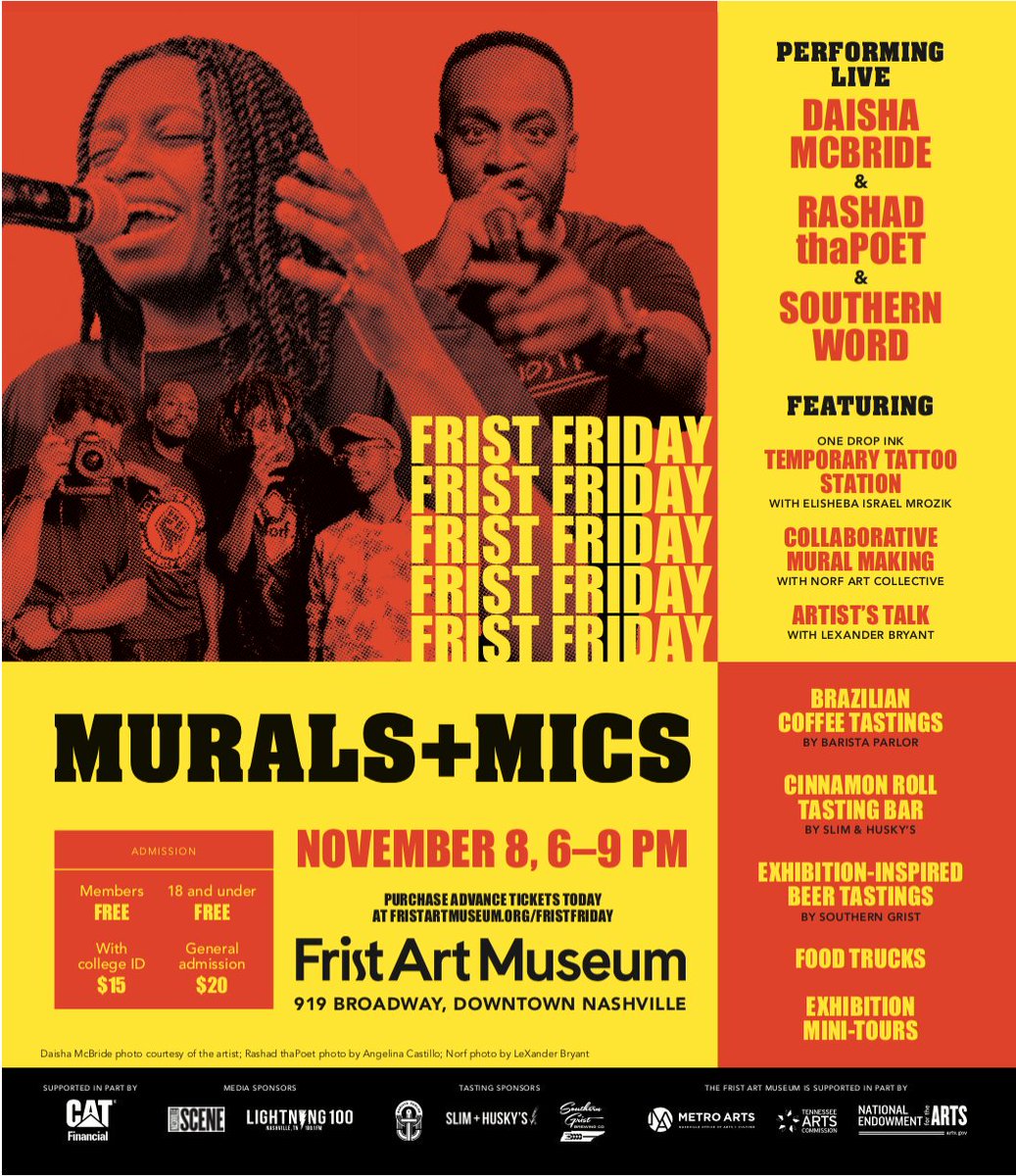 Lightning100's tweet photo. TONIGHT! Don't miss #FristFriday: Murals + Mics from 6-9pm at @fristartmuseum! Live performances by @The_RapGirl @Rashadthapoet & @SouthernWord + gallery programs celebrating their current exhibitions and food and beer tastings! https://t.co/gsP7yXlgKP https://t.co/LHtEJyzX15