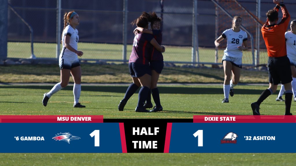 MSUDenverWSOC's tweet image. HALF TIME | #MSUDenver 1, Dixie State 1

Dixie State ties things up after the early goal from @_gabby7. We've got a good one in Golden!

#GetRowdy🔴🔵 | #CORE30