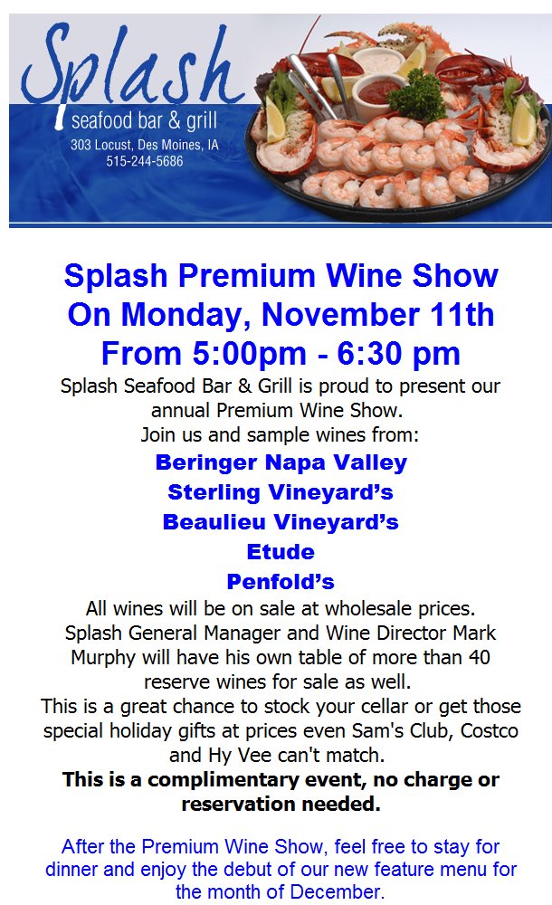 SplashSeafood's tweet photo. Free Premium Wine Tasting Monday!!! https://t.co/bQfK5kR1Ck https://t.co/Tea8mLJXKZ