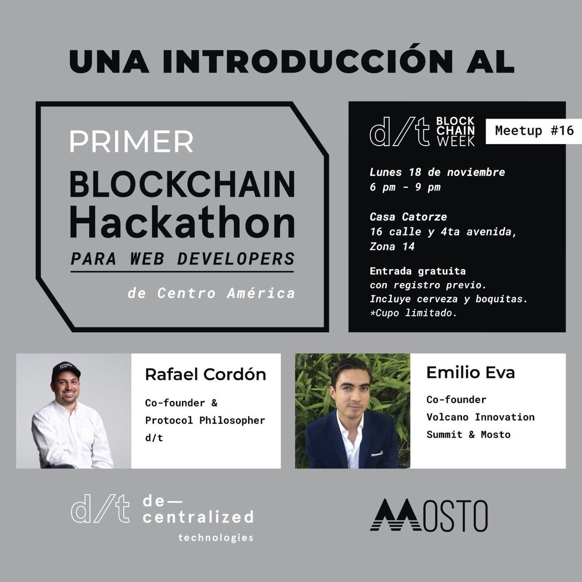 SimpleICO's tweet image. El lunes 18 iniciamos la serie de #BlockchainWeekGT #Meetups con una introducción a los eventos de la semana y el primer #BlockchainHackathon dirigido a #WebDevelopers 💻🔥 Lleguen a #networkear y formen parte del #GenesisBlock ⚡⚡⚡ Registration link in bio. @decentral_tech
