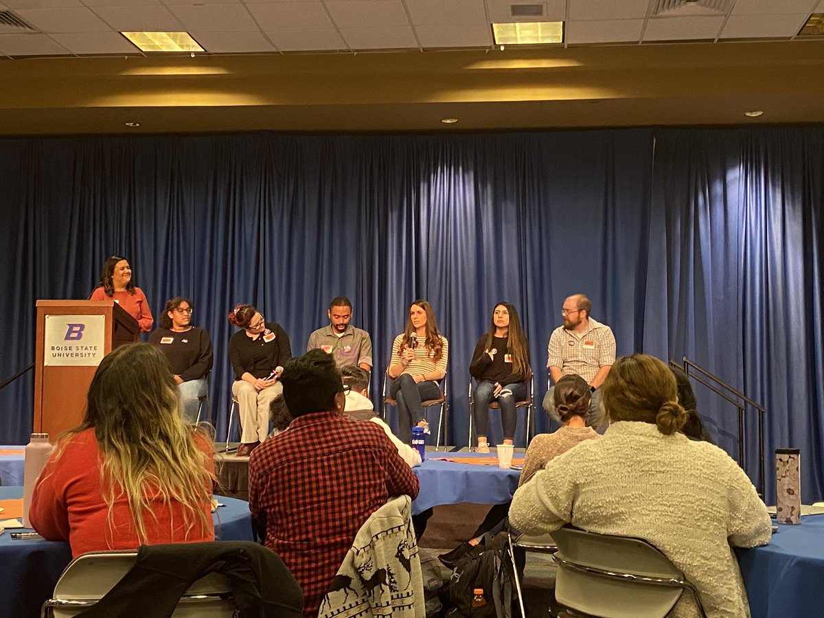 BoiseStateCOEN's tweet image. @materialsrocks PhD student Pete Barnes (far right) sharing insights on the #FirstGen panel during the #FirstGenCelebration at @BoiseState