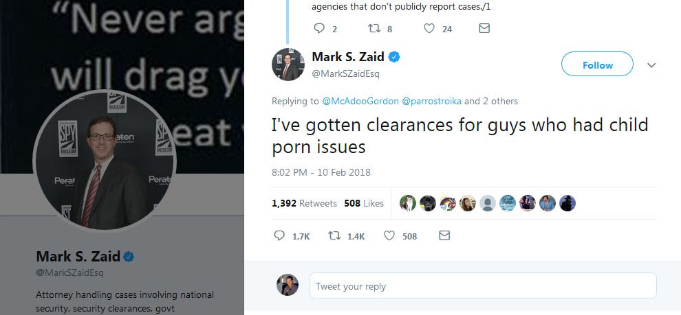 Eric Ciaramella attorney - Mark Zaid - bragging that he obtained Security Clearances for officers who had 'child po*rn issues' oh my... what kind of pervvert disgusting. Retweet!