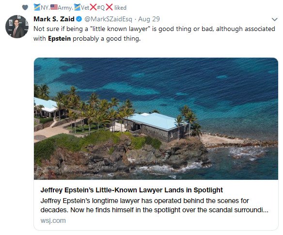 2. and what do you make of this? Eric Ciaremella's attorney Mark Zaid bragging friendship with Epstein. is the Mark Zaid name on the Flight logs of Epstein's Lolita Express? and the Adam Schiff name? Bill Clinton and Hitlary - we already know disgusting.