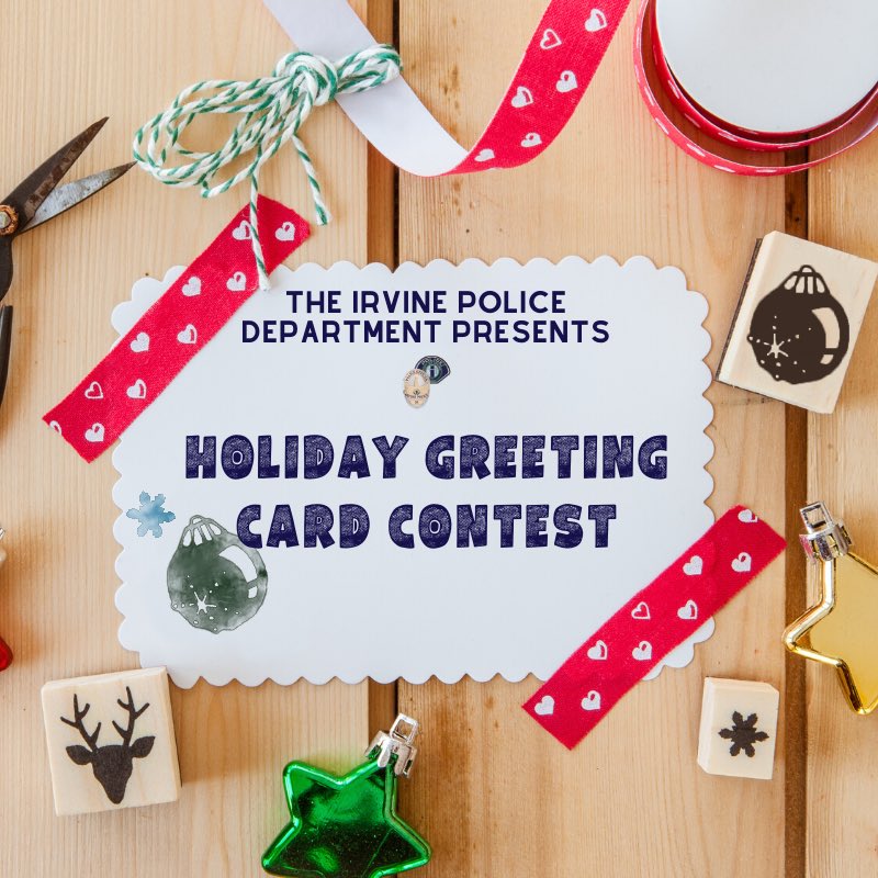 IrvinePolice's tweet image. IPD Chief Hamel is calling all Irvine students K-6 to submit their design for the PD’s Holiday Card! 
The winner will receive a tour of the department, a photo with Chief Hamel, and their art will be featured on IPD’s 2019 Holiday Greeting Card.
Rules: bit.ly/2KiOLkr