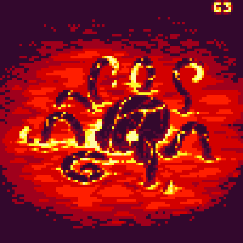 gatekid3's tweet photo. I reeeally had fun with this one. Lava octopus...lavactopus. I imagine it quickly heating and cooling rock around it so it can swim through stone.

#molten #pixel_dailies @Pixel_Dailies #lava #octopus #pixelart https://t.co/mu614tR24t