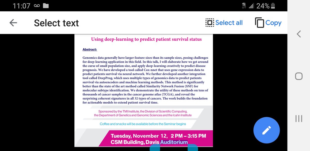 GarmireGroup's tweet photo. Looking forward to visiting @MountSinaiNYC on Nov 12th, and giving a seminar on patient survival prediction with deeplearning. Come and ask questions CMS Building, Davis Auditorium @2pm Nov 12th. #bioinformatics https://t.co/kUcdS73BDs