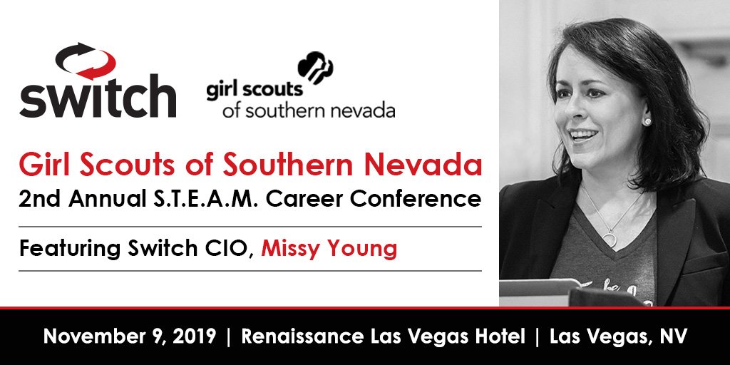 Switch's tweet photo. Switch CIO, Missy Young @MissyByte is the keynote speaker at the Girl Scouts of Southern Nevada's 2nd Annual S.T.E.A.M. Career Conference tomorrow at Renaissance Las Vegas Hotel! #SwitchSTEAM #PoweredBySwitch #KidsInSTEAM #STEAMEducation #WomenInSTEAM #GirlsInSTEAM @girlscoutsnv https://t.co/cBqZP9yyMF