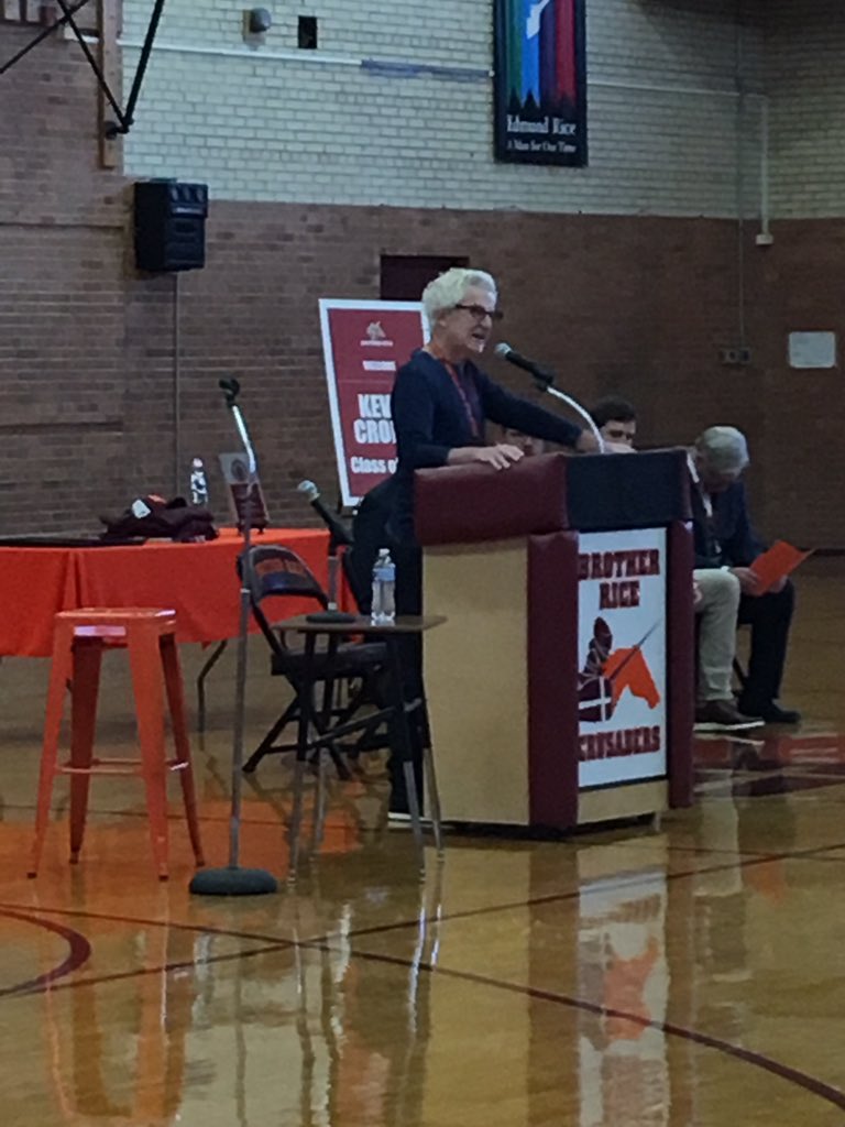 bcoughlan2's tweet photo. Not bad for a Thursday. “Time for Me to Fly” with 26 budding Aerospace Engineers topped off with a few tunes in the gym sung by REO’s Kevin Cronin ‘69. Welcome Home Crusader! #BrotherRice #pltwae #REOSpeedwagon https://t.co/p6C0Sxf31h