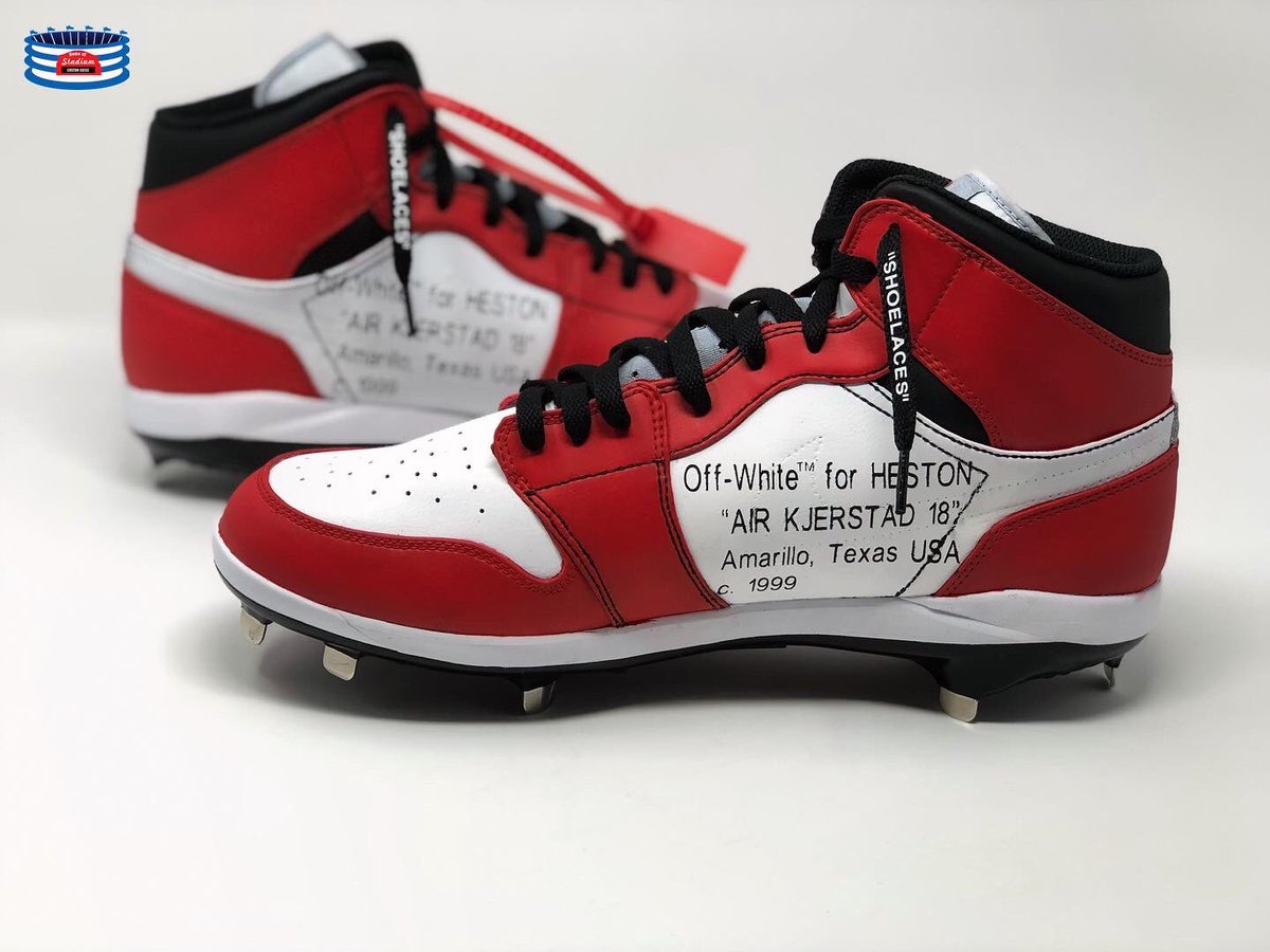 stadiumck's tweet image. RT if you would rock these! 

Heston Kjerstad (@hestonkjerstad) of @RazorbackBSB might have the hottest 🔥🌶 cleats in all of baseball this season! Went with an @OffWht X @Jumpman23 Retro 1 look on these cleats. #StadiumCustomKicks