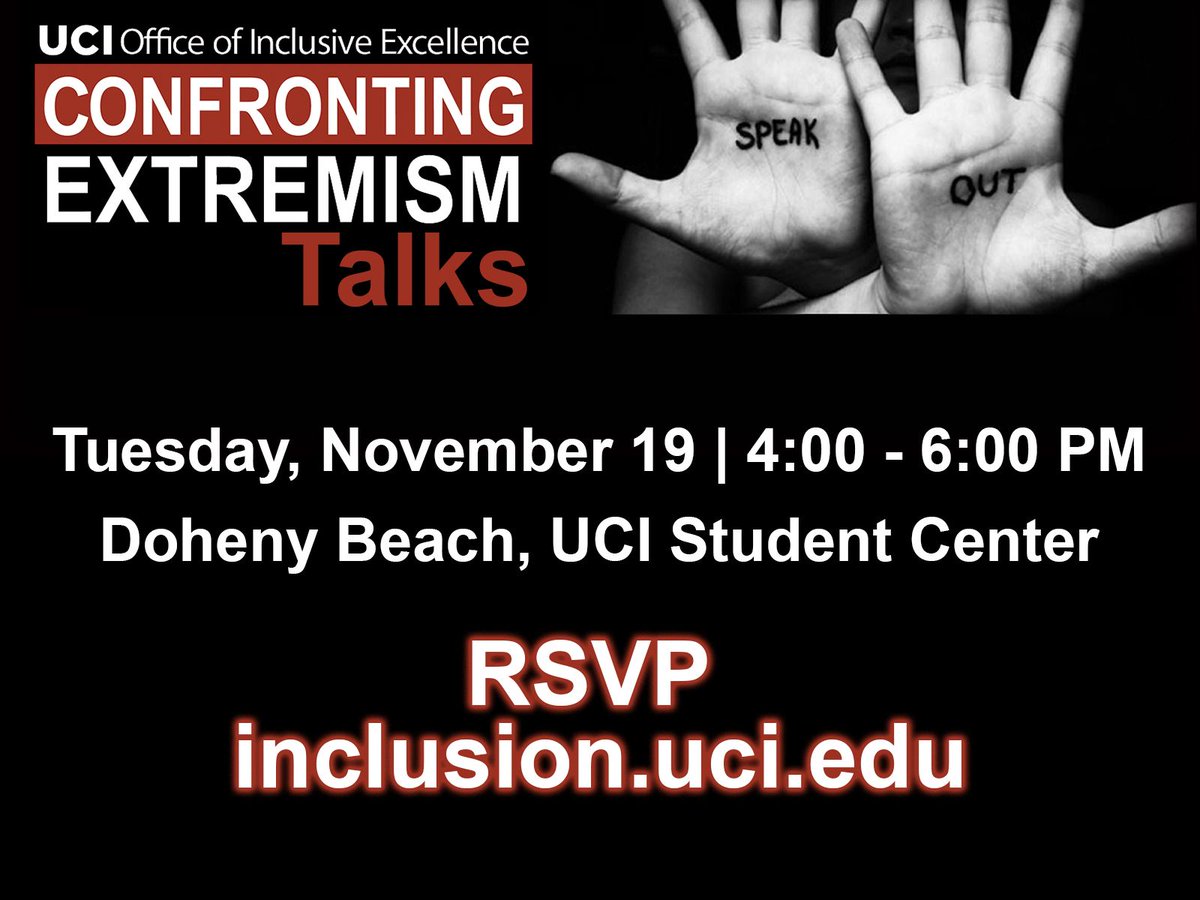 InclusionUci's tweet image. Join us Nov 19 for an update on our funded projects as part of #UCIConfrontingExtremism, hear from University of California, Irvine faculty about understanding and engaging with extremism buff.ly/2p4tOCg #CETalks #InclusionUCI