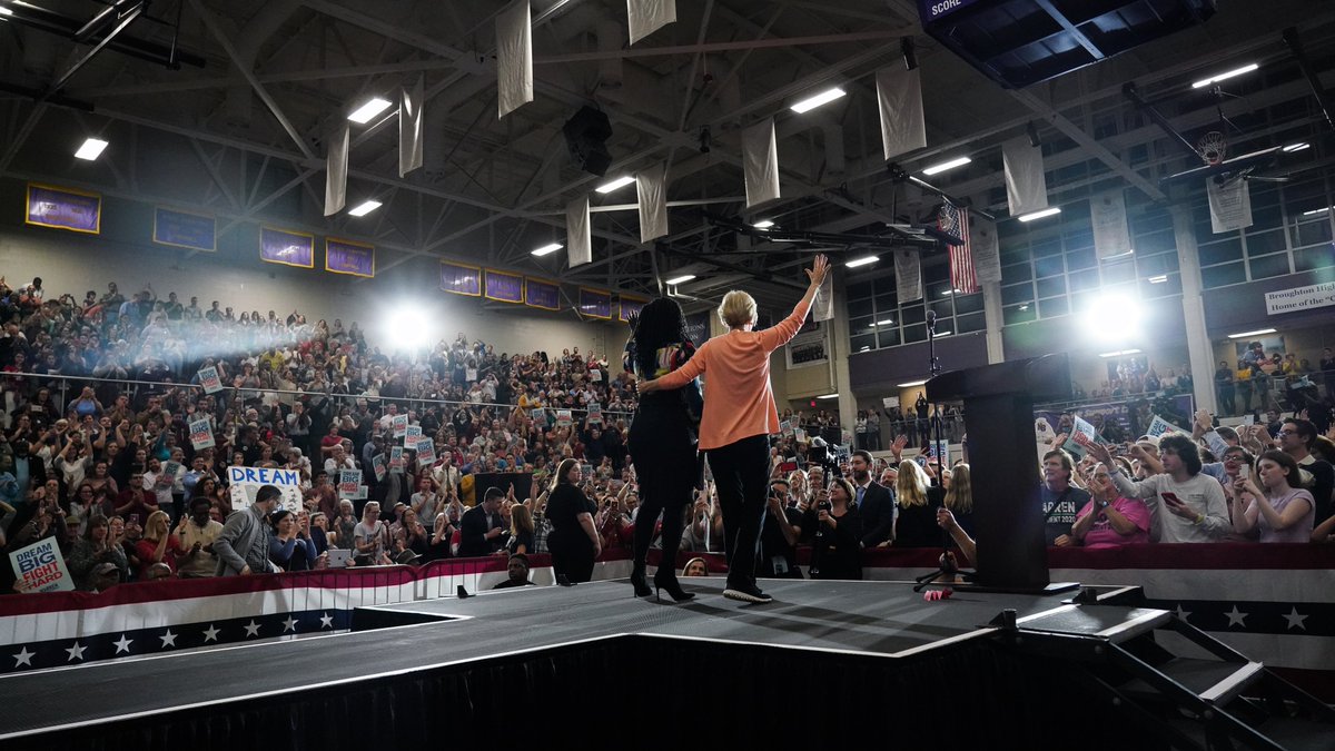 Elizabeth Warren and Ayanna Pressley onstage at the Raleigh town hall.