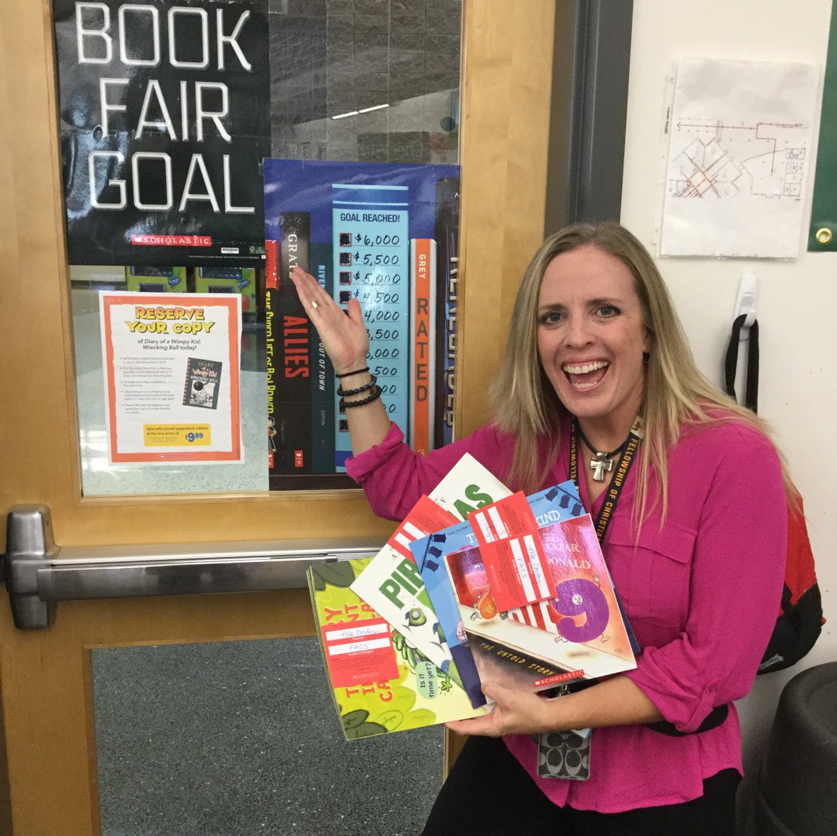 DCMSMediaCenter's tweet photo. Ms. Corley was super excited when she found out books had been donated for her child development lessons AND that we met our $6,000 book fair goal! Thank you to everyone who contributed! @DutchmanCreekMS @RHSD_LMS @Scholastic #dcmsFCA #ScholasticBookFair #HappyDance #NEWbooks https://t.co/Zt9XNb5UHt