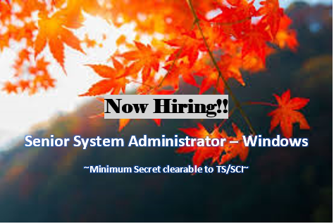 DigiconRocks's tweet photo. Digital Consultants LLC is currently hiring for a Senior System Administrator- Windows. Must have a Secret clearance and be clearable to TS/SCI, and have at least 10 years of experience. If interested, APPLY TODAY @ https://t.co/7MHmOtO0kL!! #DigiConRocks #SystemAdmin https://t.co/LTws9FNVAy