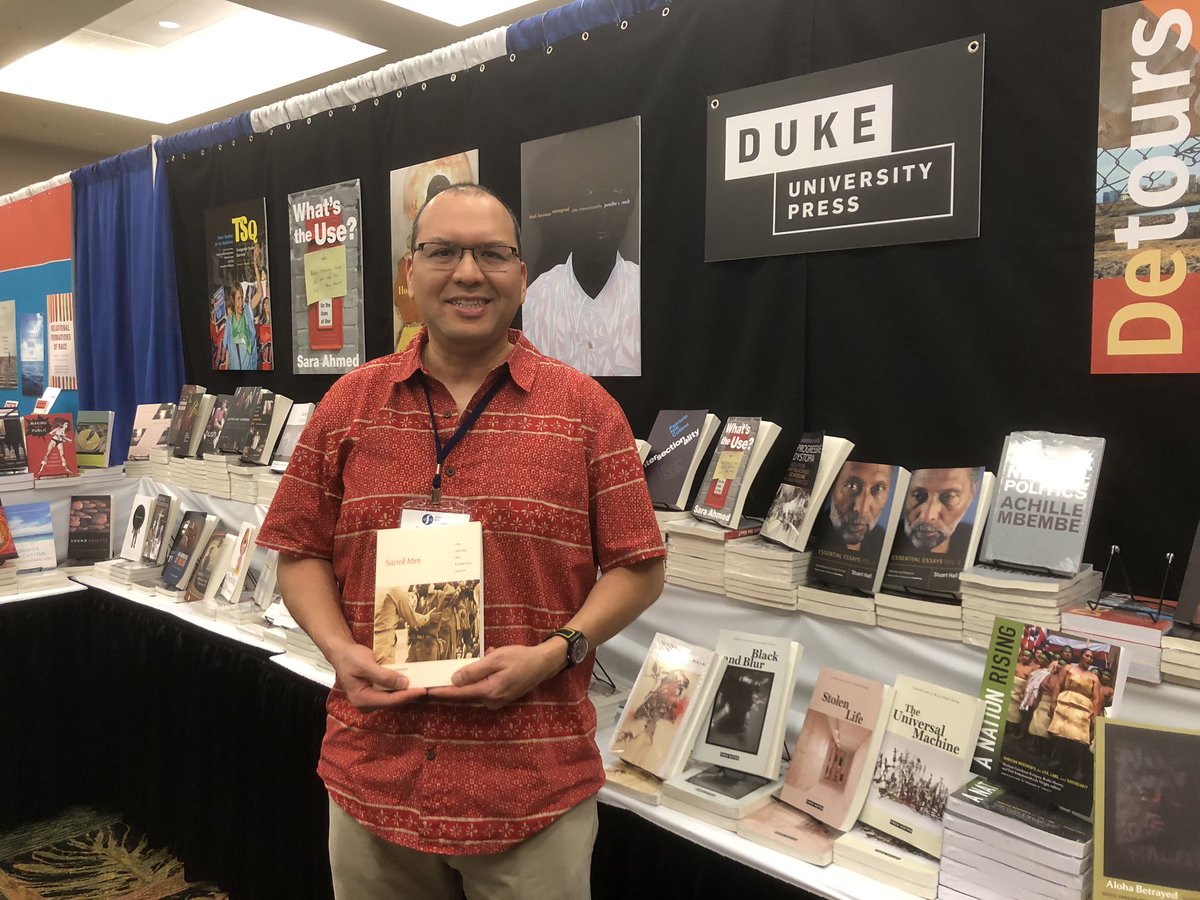 DukePress's tweet image. .@DorinneKondo, Keith Camacho, Alys Eve Weinbaum, and @epatrickjohnson at the Duke Press booth #2019ASA!