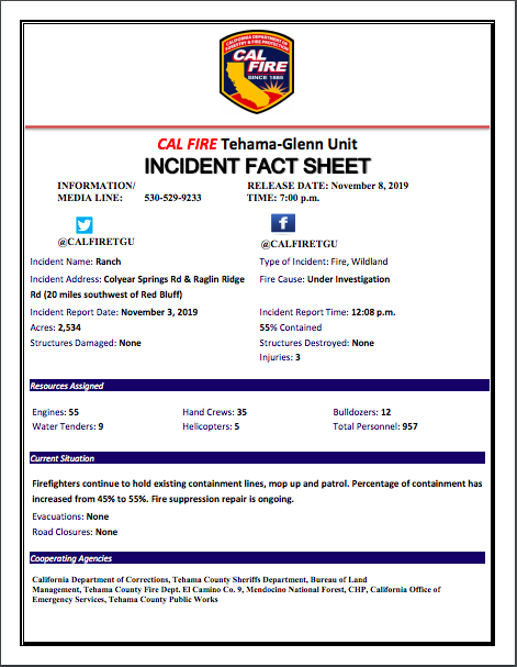 CALFIRE_PIO's tweet photo. #RT @CAL_FIRE: #RanchFire 11.08.19 PM Fact Sheet https://t.co/vtwHZ6iG9I