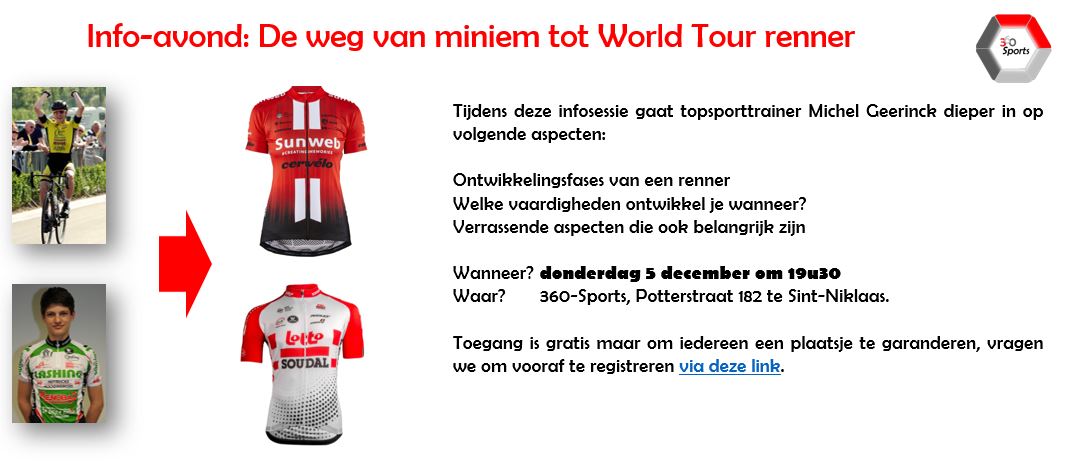 Tijdens een inspiratie-avond beschrijft topsporttrainer Michel Geerinck de vele aspecten van het vormen van een renner. 
Ben je er graag bij? Do 5/12 om 19u30, 360-Sports, Potterstraat 182 te Sint-Niklaas. Toegang gratis, reserveer je plaats via ow.ly/dOPM50x6xnE