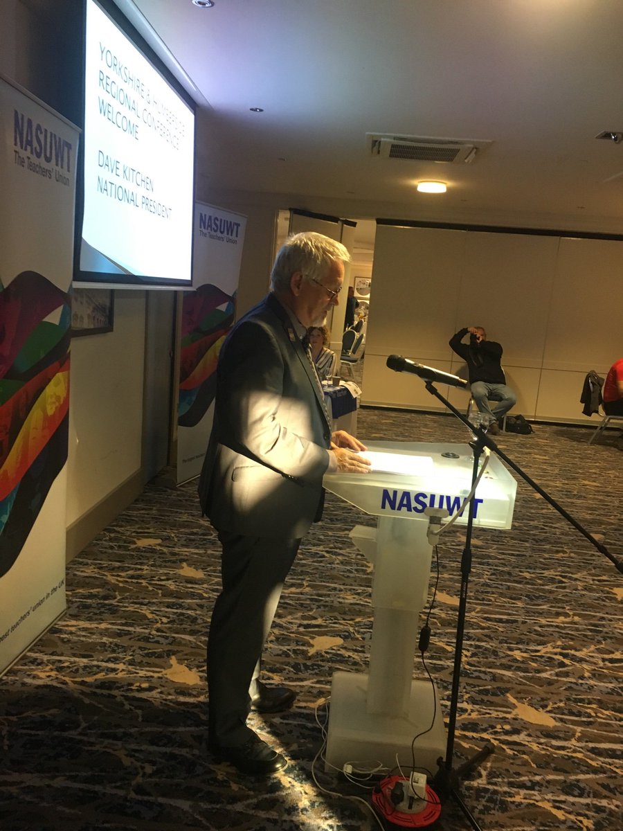NasuwtYH's tweet photo. Dave Kitchen, National President, starts the day off with his speech. #NASUWT #yhrc19 https://t.co/WZe6zrdxfA