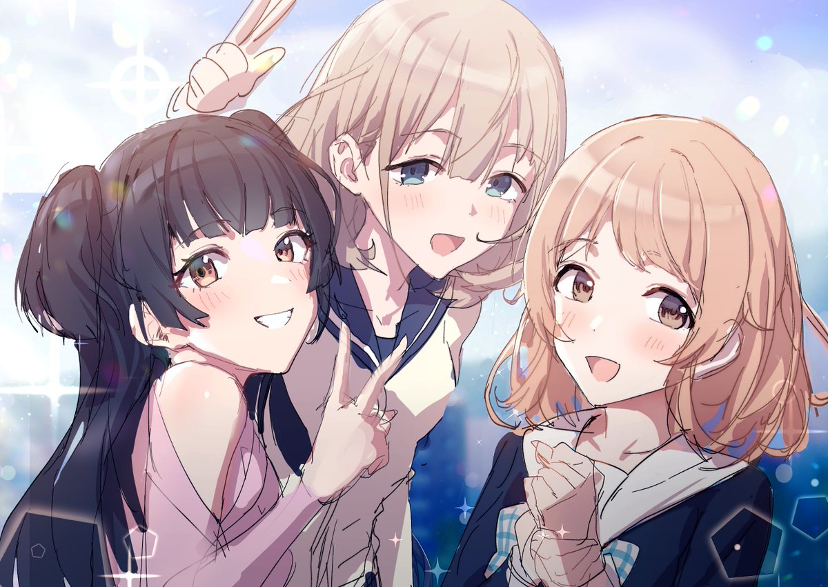 mayuzumi fuyuko ,serizawa asahi multiple girls 3girls v smile brown eyes light brown hair black hair  illustration images