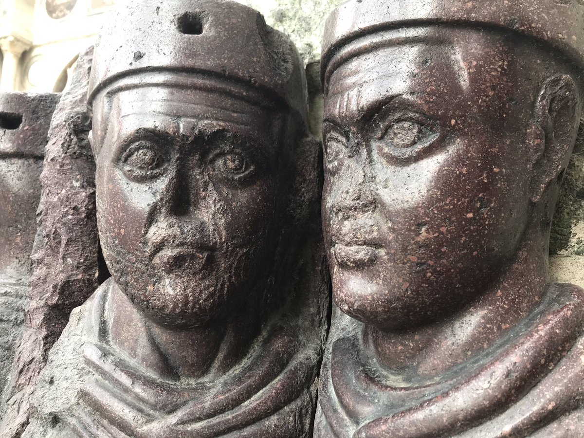 4th c porphyry figures of the four tetrarchs from the brief period when the Roman Empire was ruled by four people - two in the western capital and two in the eastern.
The tetrarchs have been in Piazza San Marco since 13th c when the Venetians sacked Constantinople and stole them.