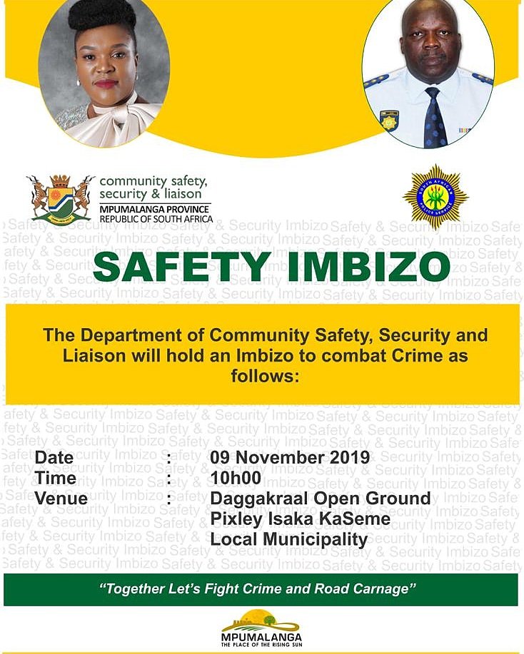 The day of #CrimePreventionImbizo has arrived. 
Mpumalanga DCSSL MEC, Gabisile Shabalala and Provincial Commissioner, General Mondli Zuma will interact with Daggakraal community members to find ways of combating crime affecting locals. @geecee271 @MMoeti @ZMandlazi #mpudcssl