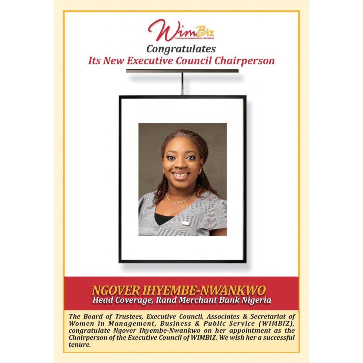 Wimbiz's tweet photo. We are most delighted to announce the new and incoming Chairperson of the Executive Council of WIMBIZ, Mrs Ngover Ihyembe-Nwankwo @NgoverIN, Head of Coverage, Rand Merchant Bank Nigeria.
#WIMBIZAnnualConference2019 #WIMBIZ18thAnnualConference #StrategizingToWin https://t.co/sZU3W5Zy4e