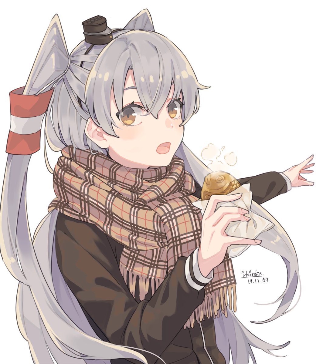 amatsukaze (kancolle) 1girl solo scarf long hair two side up hair tubes food  illustration images