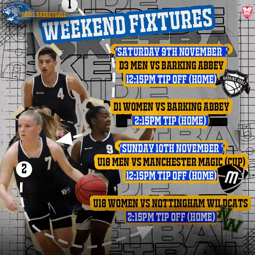 #GameDay Back in <a href="/NBL/">NBL</a> action for all Pride teams this weekend.

First off today against <a href="/AbbeyBasketball/">Barking Abbey</a> with our Men’s @ 12:15pm followed by the Women’s @ 2:15pm. 

Location: City of London Academy 240 Lynton Road SE1 5LA

Come down and support the Pride 🏀🦁 #RideWithThePride