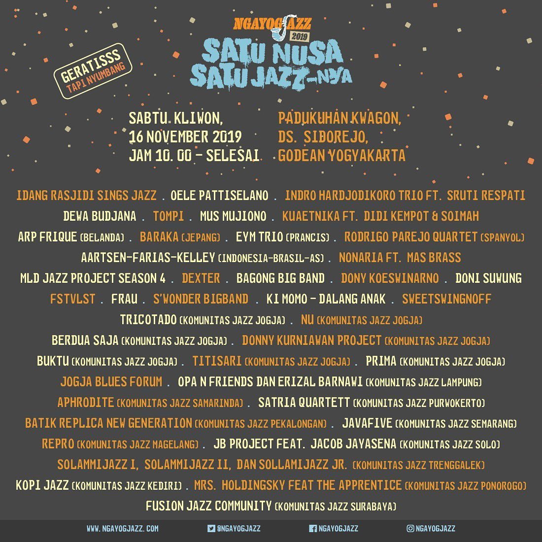 pamityang2an's tweet photo. NGAYOGJAZZ 2019
"Satu Nusa Satu Jazznya"
­.
Sabtu Kliwon, 16 November 2019
Padukuhan Kwagon, Ds. Sidorejo
Godean, Sleman, YK
10.00–23.00
.
GRATIS!!
Info @ngayogjazz 
#Ngayogjazz2019 https://t.co/QFJ1QSBzU4