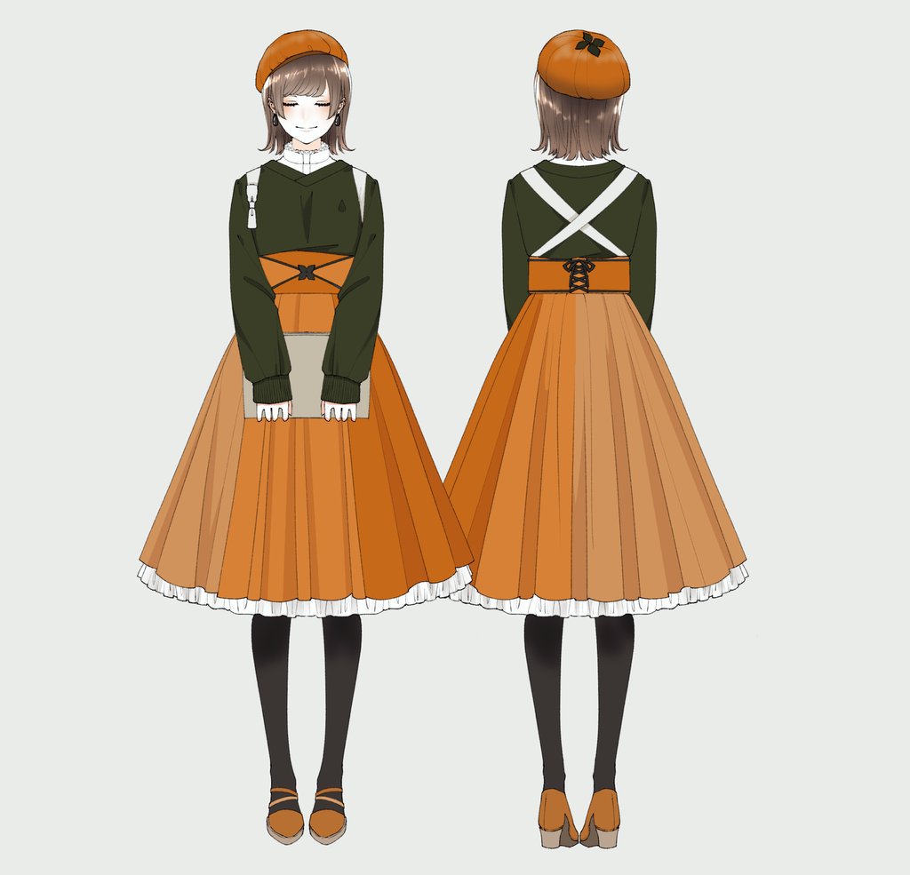 1girl skirt pantyhose orange headwear multiple views smile closed eyes  illustration images