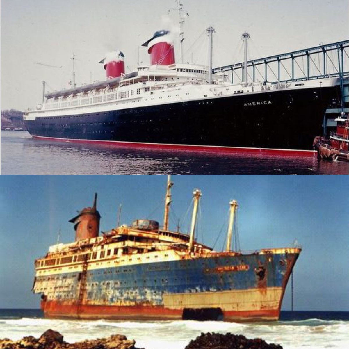 TCapoeti's tweet photo. In 1994, after purchased to become a floating hotel in Thailand, disaster struck the #SSAmerica during a storm when she was wrecked along the shore in the Canary Islands. Today only a small portion of the bow is visible during low tide. https://t.co/yQUrpzBbea