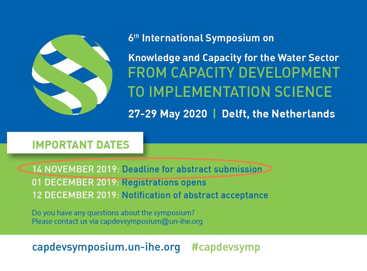 ihedelft's tweet image. Researching capacity for #negotiation and managing #risk and conflict in water services, river basins and international waters? Submit your abstract for the #capdevsymp before 14 Nov 2019. bit.ly/2W4bBRd