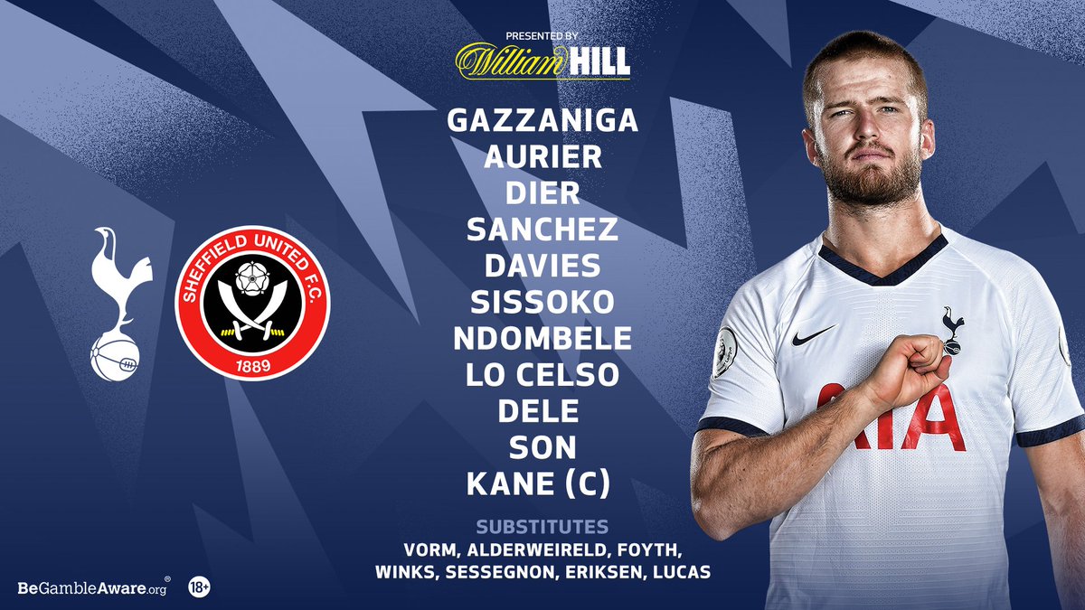 #THFC: Gazzaniga, Aurier, Dier, Sanchez, Davies, Sissoko, Ndombele, Lo Celso, Dele, Son, Kane (C) 

📲 <a href="/WilliamHill/">William Hill</a> latest (18+) bit.ly/TLTWSheff 

#THFC ⚪️ #COYS