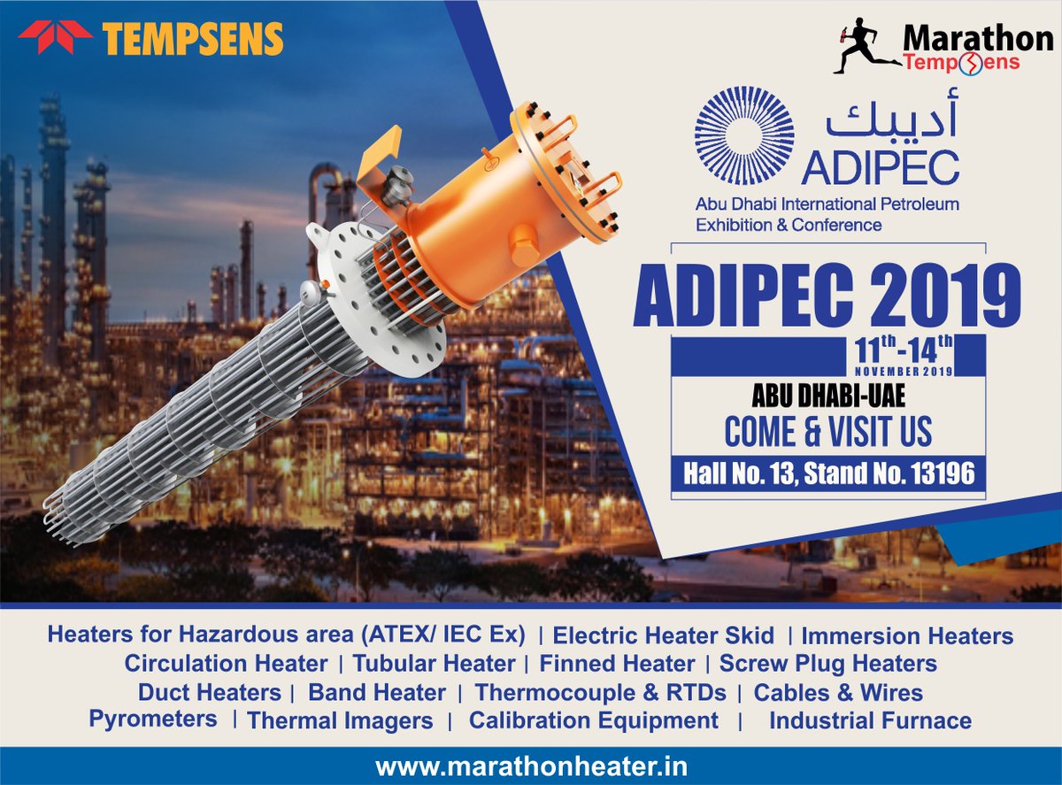Tempsens's tweet image. The Abu Dhabi International Exhibition &amp;amp; Conference is the largest Oil and Gas exhibition and conference for the oil and gas sector. 
#processheaters #heatingsolutions #immersionheaters #skidheaters #temperaturemeasurement