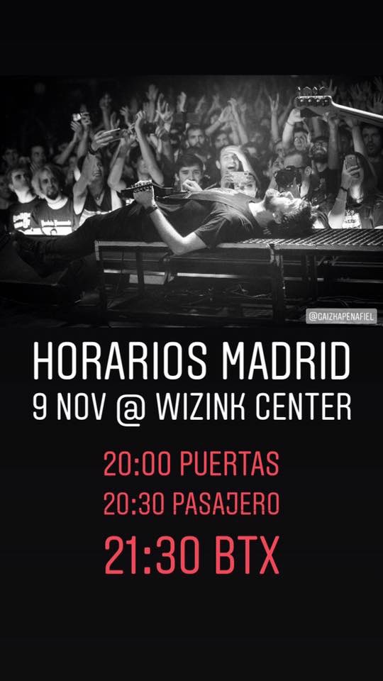 Esta noche tocamos junto a <a href="/berritxarrak/">Berri Txarrak</a> en @WiZinkCenter!! 🤘🏻🔥

Horarios (muy puntuales!!):

20h Apertura de puertas
20:30 Pasajero
21:30 <a href="/berritxarrak/">Berri Txarrak</a>