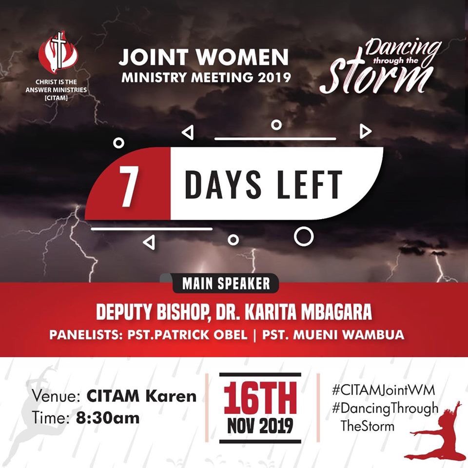 CITAMRoysambu's tweet photo. 7 DAYS TO GO!!! The annual CITAM WM meeting🔥
Ladies! Come one! Come all!!
#CITAMJointWM
#DancingThroughTheStorm
#ButByHisSpirit https://t.co/A9dITz5CZS