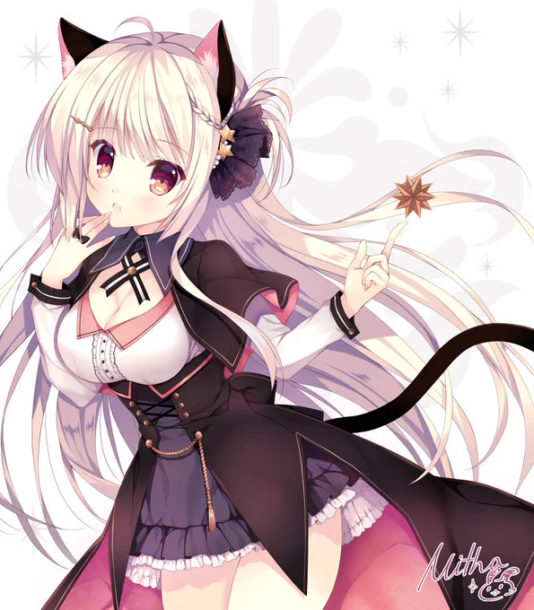 オリジナルの黒猫さんを描きました～❗️黒とピンクの服がお気に入り🥰キラキラお星様を拾って嬉しそうです🌟 