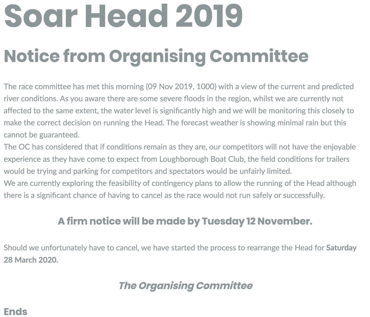 Please see notice from OC.