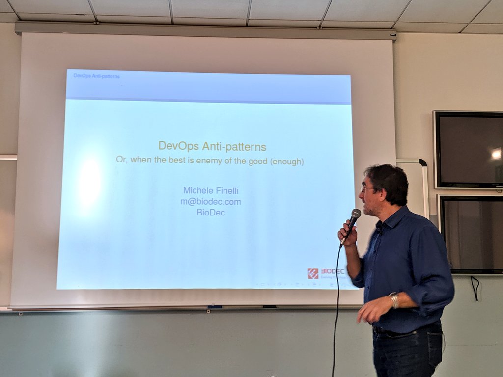 pauloxnet's tweet photo. Michele Finelli @gaunilone is speaking about "DevOps pitfalls" at #IAD19 in #Modena 🇮🇹
#DevOps #antipattern #bash #cron #refactoring #monitorin #bolognese #monitoring #scalability
CC @agileday @BioDec https://t.co/jnChVP88Kz