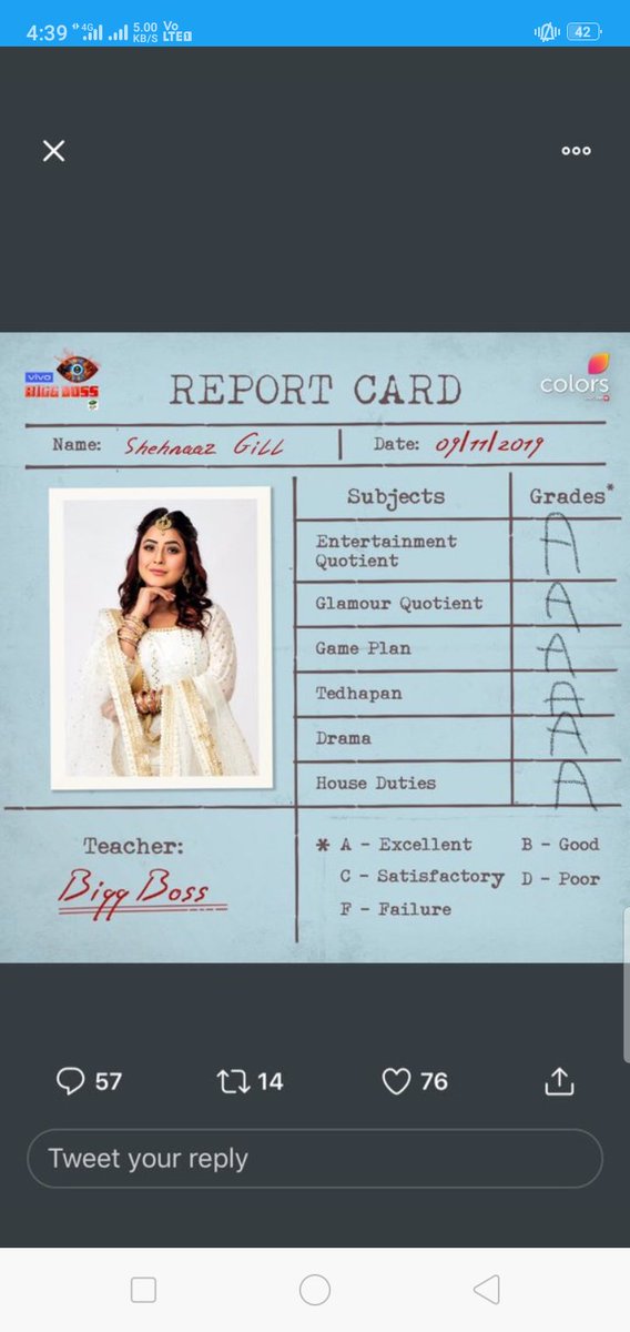 ARPayyal3445's tweet photo. @ColorsTV @BeingSalmanKhan @justvoot @Vivo_India A Grade Excellent
#ShehnaazGill https://t.co/eACZgbsnDB